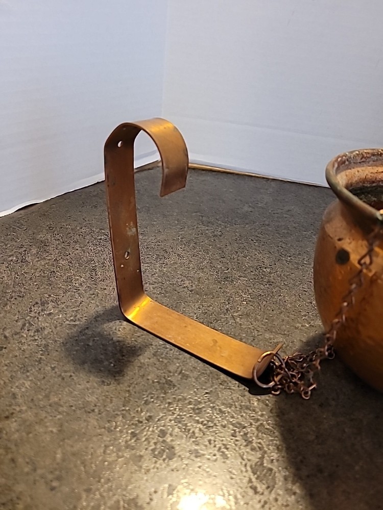 Vintage Hammered Copper Hanging Planter With Chains And Holder