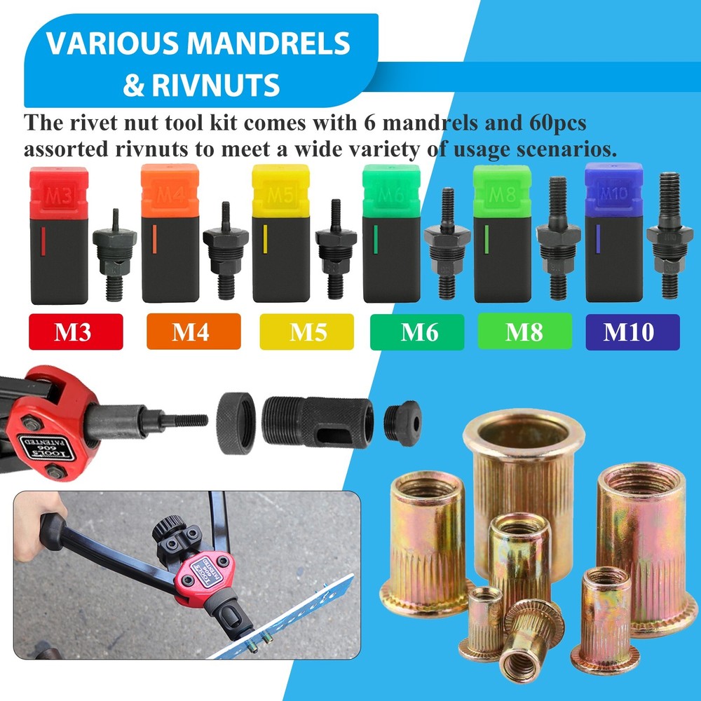 1510pc Rivet Nut Gun Kit Rivnut Setting Tools Nut Setter Tool Hand Blind Riveter