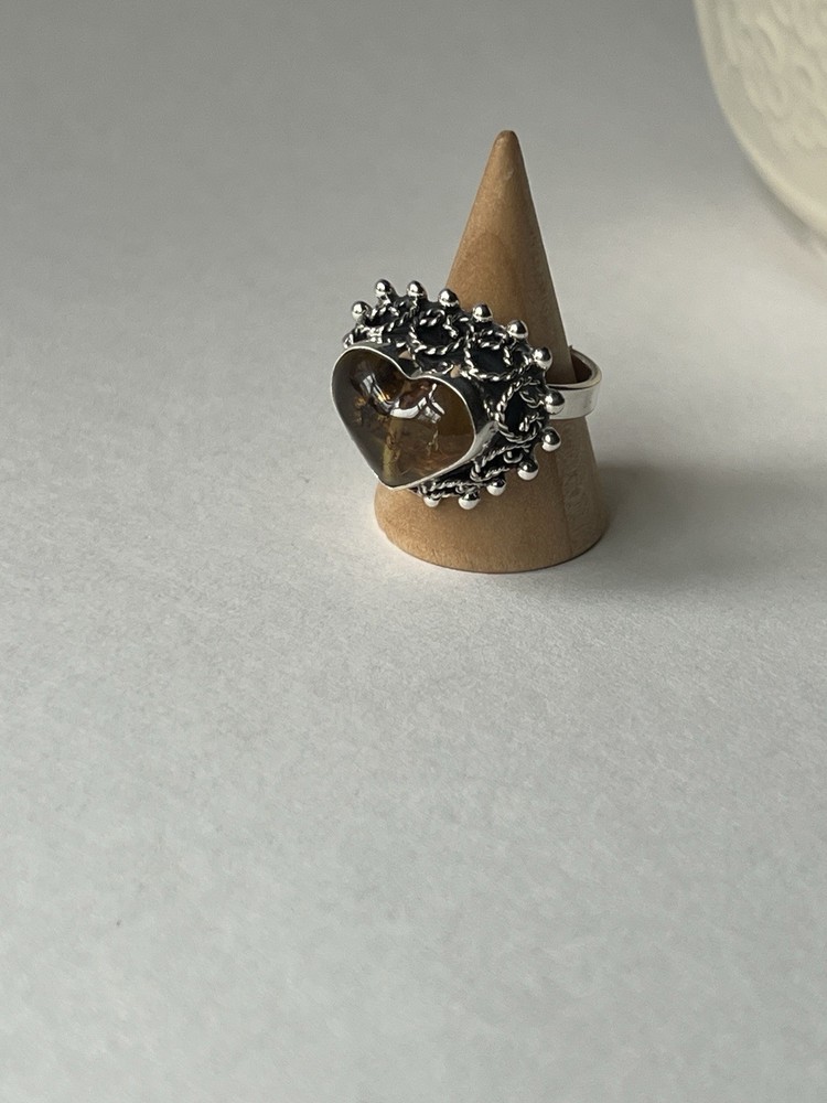 Amber Heart Ring 925 Sterling Silver Adjustable Artisan Statement