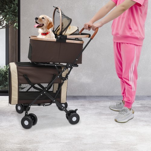 2-Tiers Foldable Cat Stroller Pet Stroller Small & Medium Dogs Stroller 77lbs