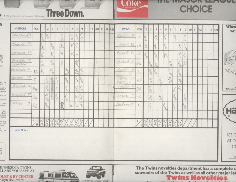 1988 Twins vs Oakland A's Program: Don Baylor Home Run