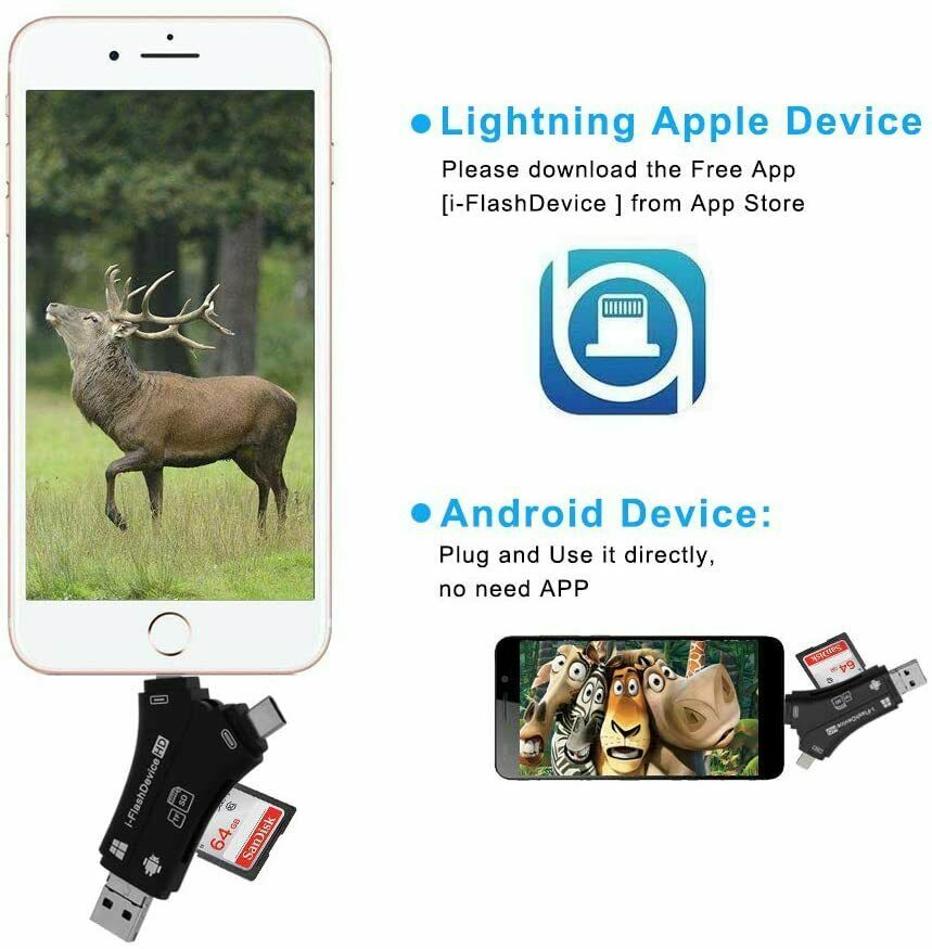 4 in 1 USB Micro SD TF Memory Card Reader Adapter For iPhone Android