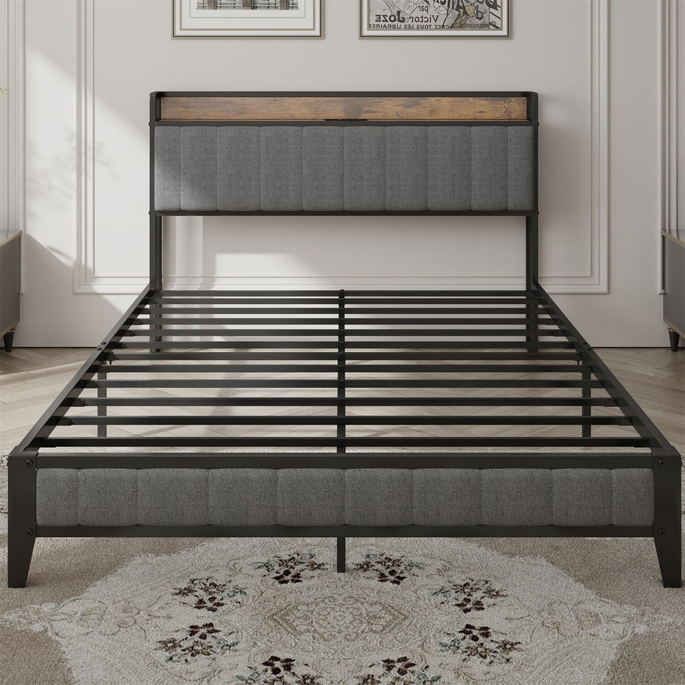 Full Size Bed Frame with Upholstered Headboard Metal Platform Bed w/ Outlet