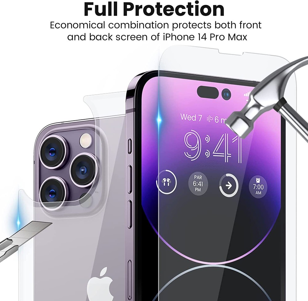 For iPhone 14 Pro Max Tempered Glass Screen Protector Camera Lens +Front +Back