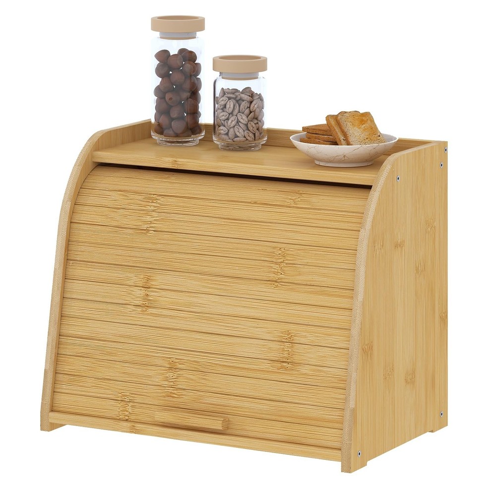 Bread Box for Kitchen Countertop, Bamboo Bread Storage, Double-Layer Roll-Top...