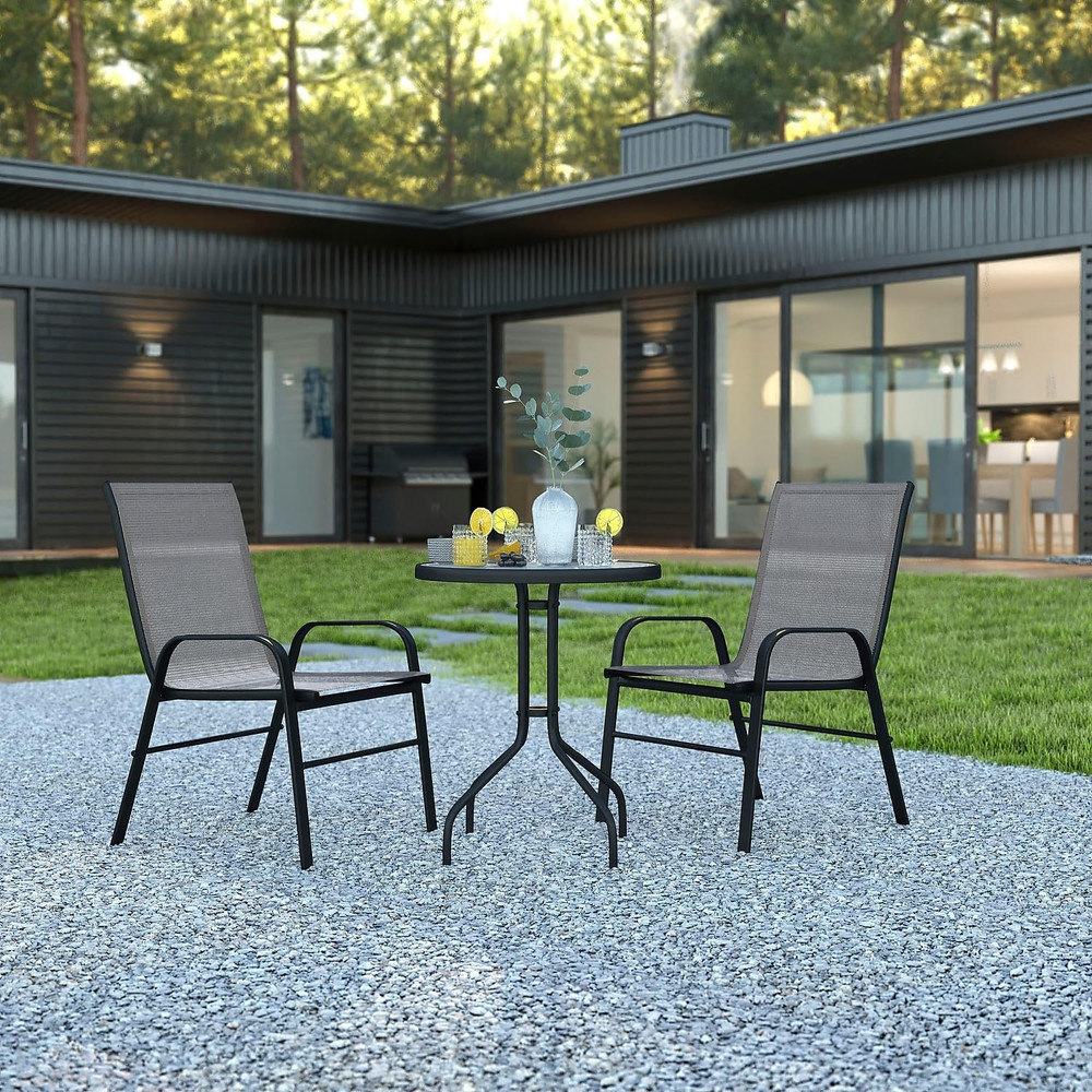 Brazos 3-Piece Outdoor Dining Set with Glass Table & 2 Stackable Chairs