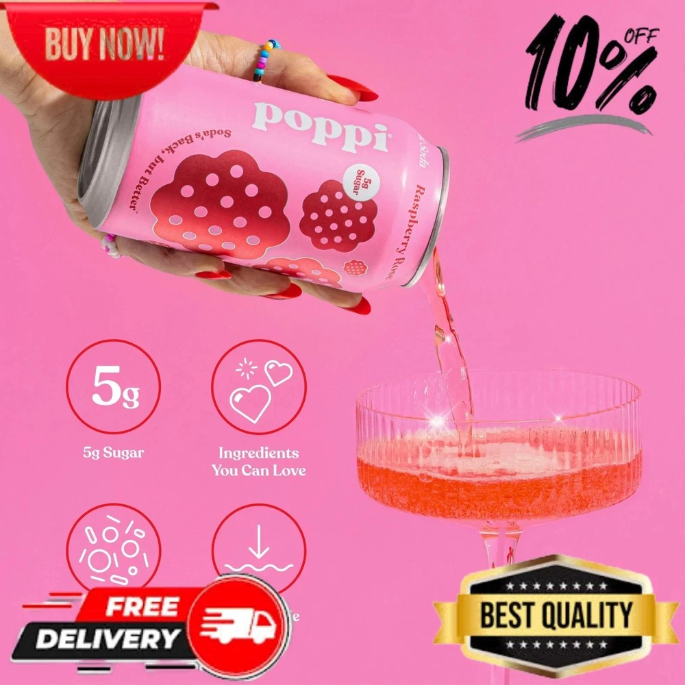 poppi Raspberry Rose Prebiotic Soda, 12 fl oz, 4 Pack Cans