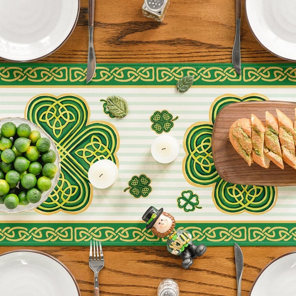 Stripes Shamrocks St. Patrick's Day Table Runner, Seasonal Spring Kitchen Din...