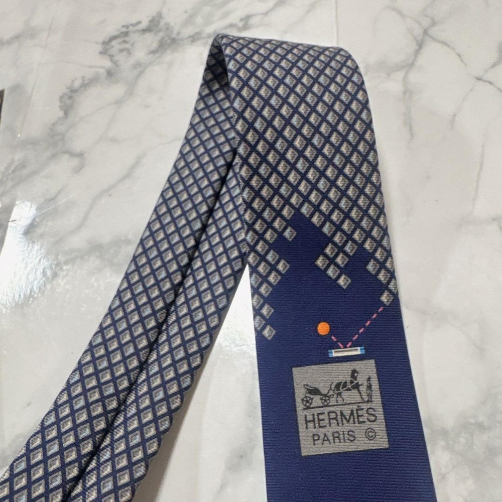 Hermes Square Pattern Tie Navy Gray Near with Box