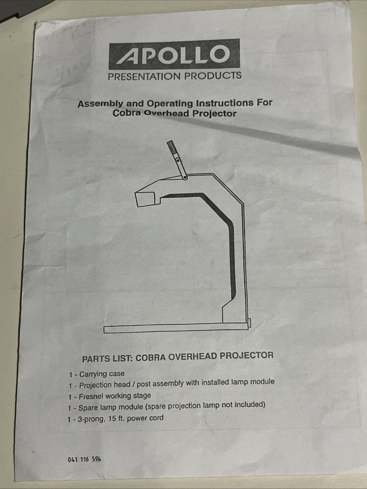Apollo COBRA VS-3000 OVERHEAD PROJECTOR with Case & Instructions COMPLETE/WORKS