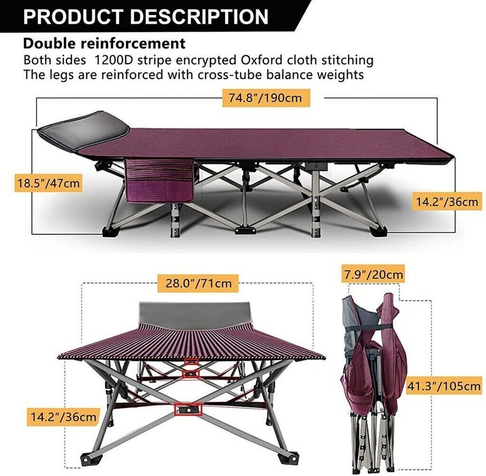NAIZEA Folding Camping Cot Bed 1200D 2-Layer Oxford Cots for Camp Office Use