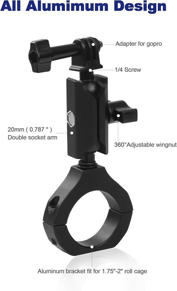 UTV Camera Mount for 1.75"-2" Roll Bars - Compatible with Gopro, Mevo Start & Mo