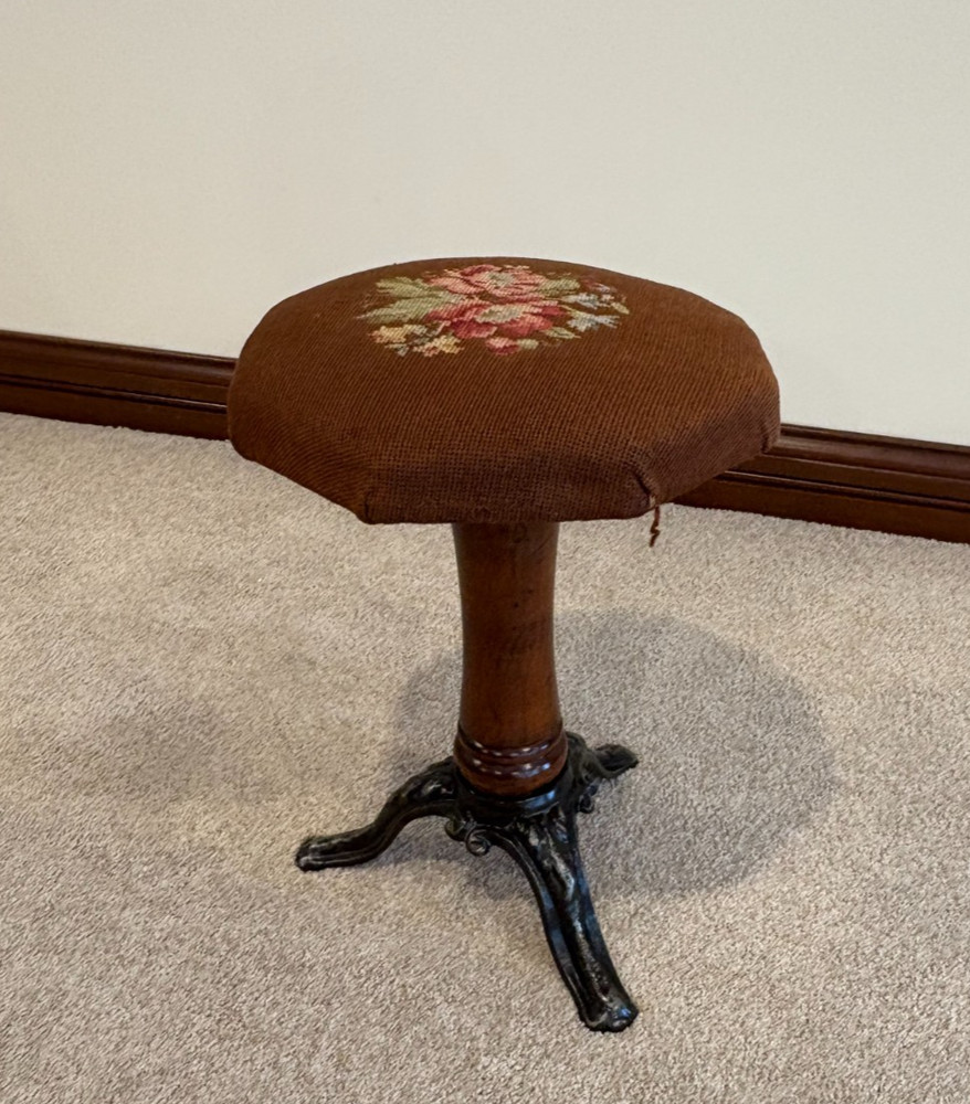 Antique Piano Stool with Iron Base & Adjustable Seat Height