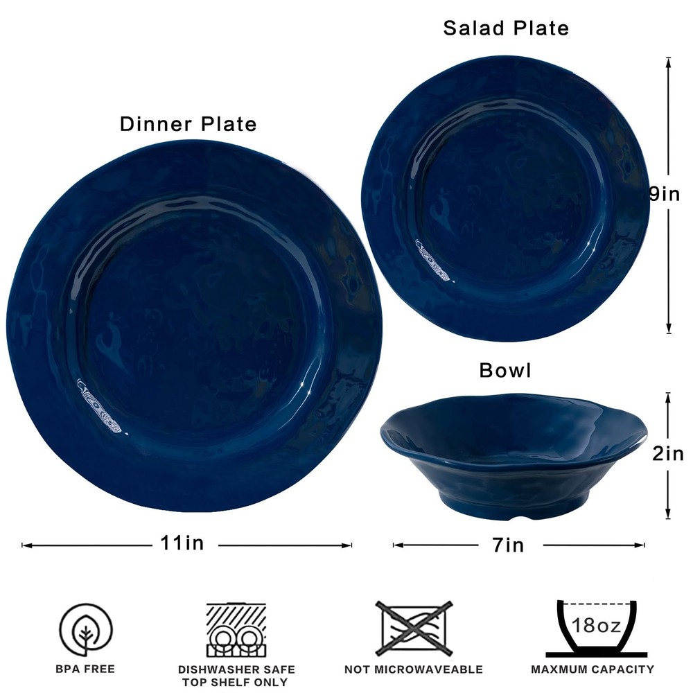 LEHAHA Blue 18-Piece Dinnerware Place Setting, Melamine 11, Cobalt