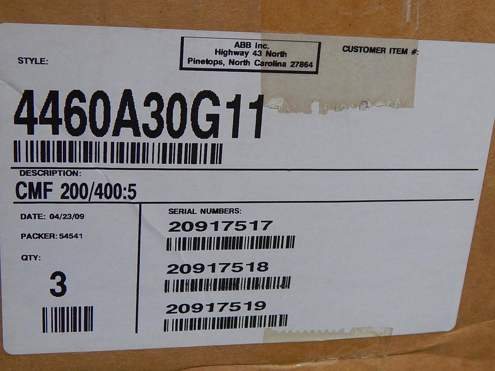 ABB 4460A30G11 TYPE CMF CURRENT TRANSFORMER RATIO 200/400:5A