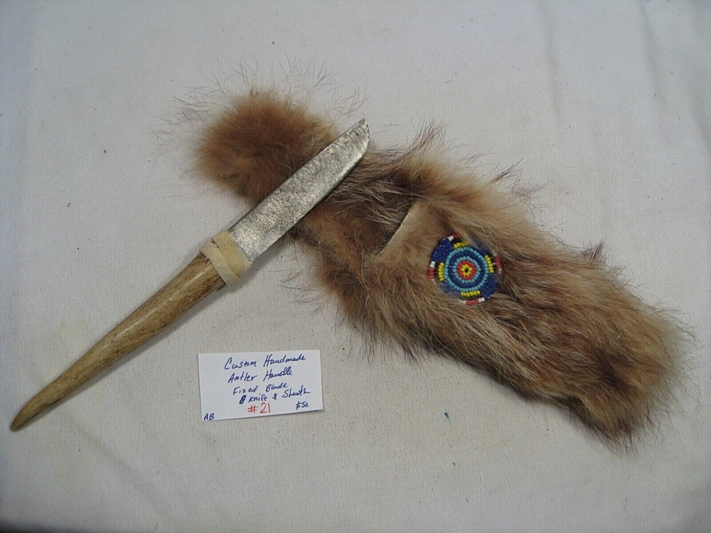 Custom Handmade Antler Handle Fixed Blade Knife & Sheath.  #21