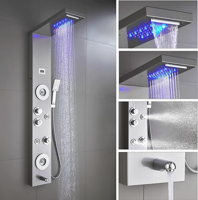 ELLO&ALLO Shower Panel Tower System LED Waterfall Massage - Brushed Nickel