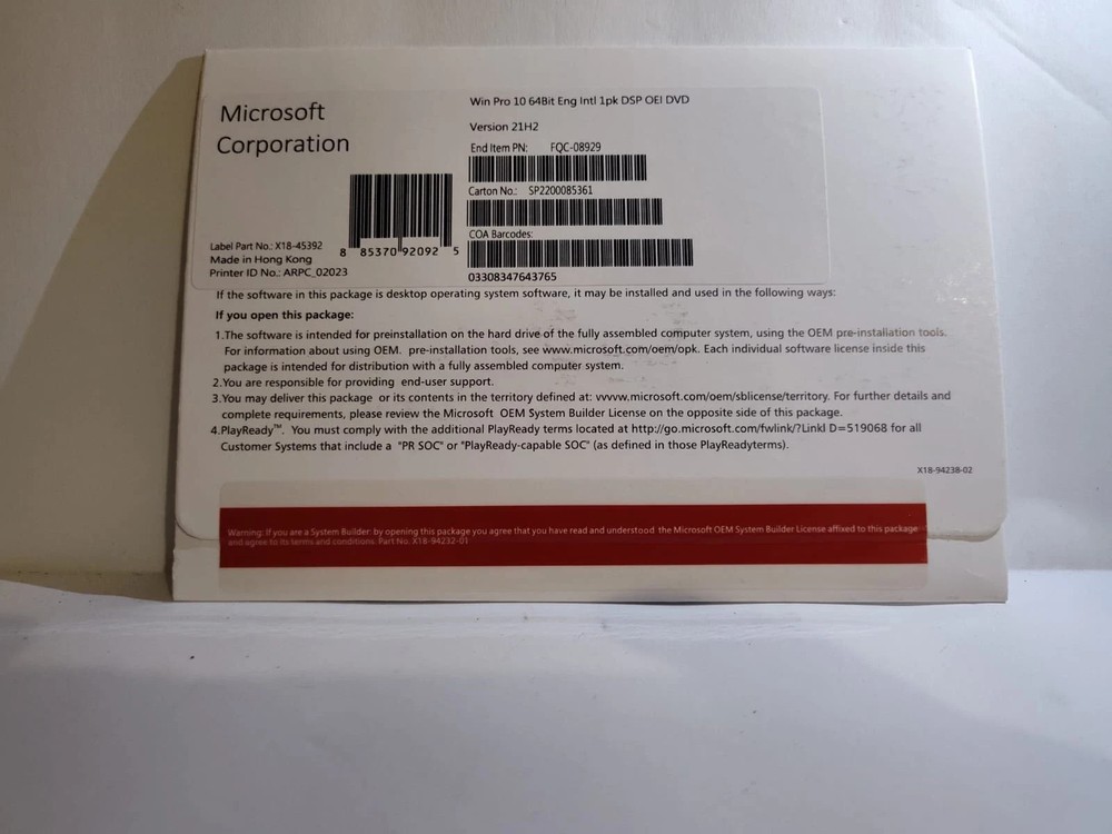 Windows 10 Pro DVD 64-Bit Containing the Key