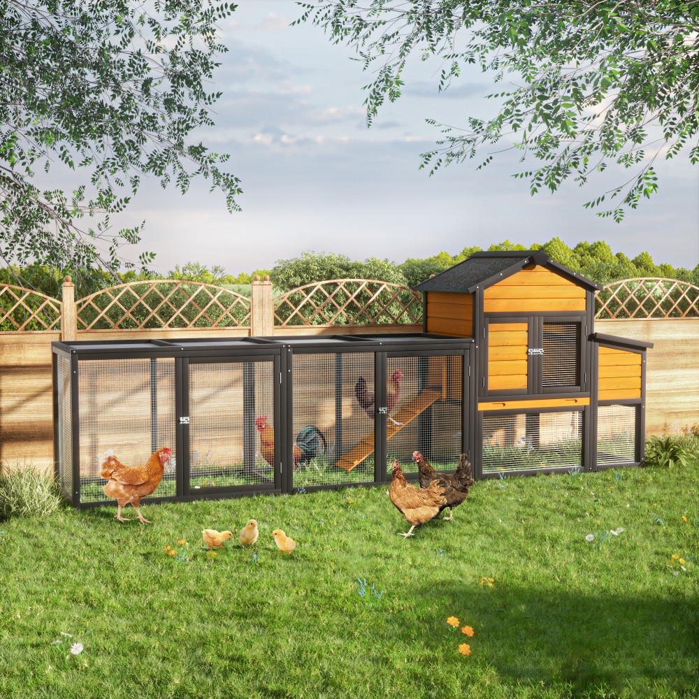 Chicken Coop w/ Run for 2-4 Chickens, 7 Doors, Pull-Out Tray, Nesting Box & Ramp