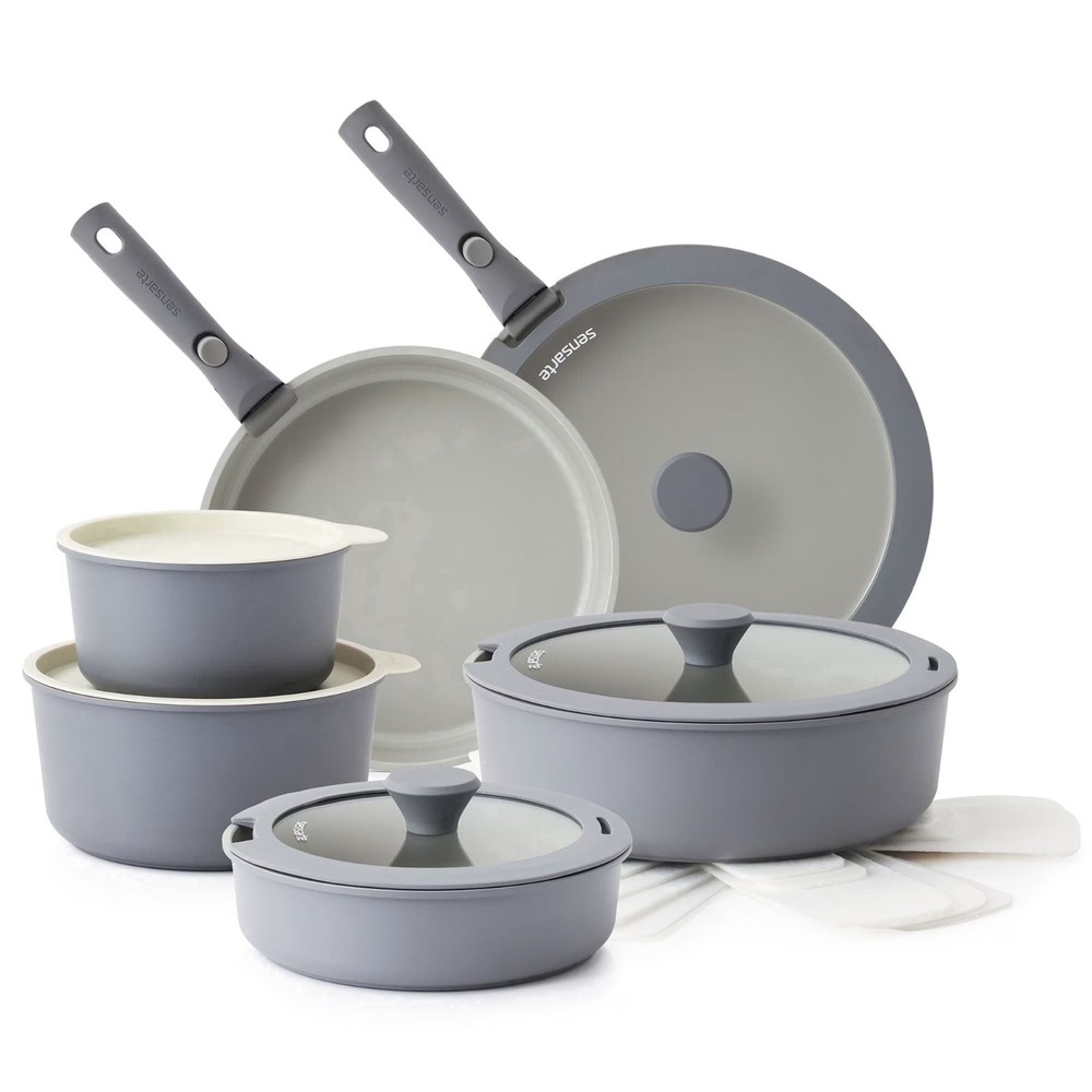 Cookware Set 18Pcs Ceramic Nonstick Detachable Handle Induction Gray