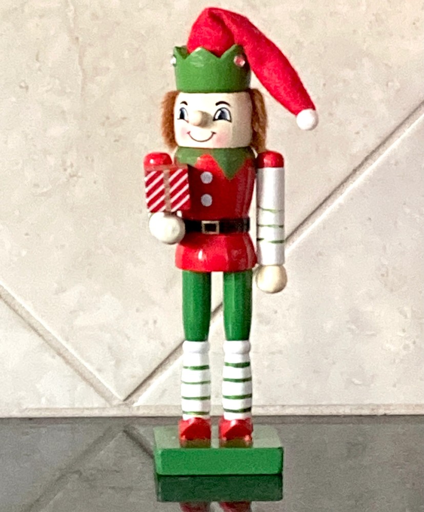 Elf Holding Present Santa Helper Nutcracker Collectible Christmas Decor