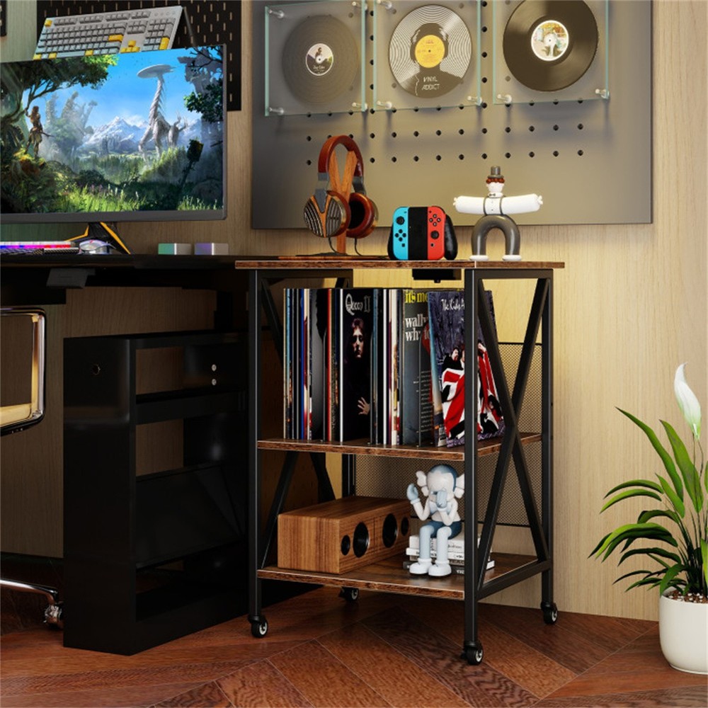 Record Player Stand with Charging Station 3-Tier Adjustable Rolling Vinyl Shelf