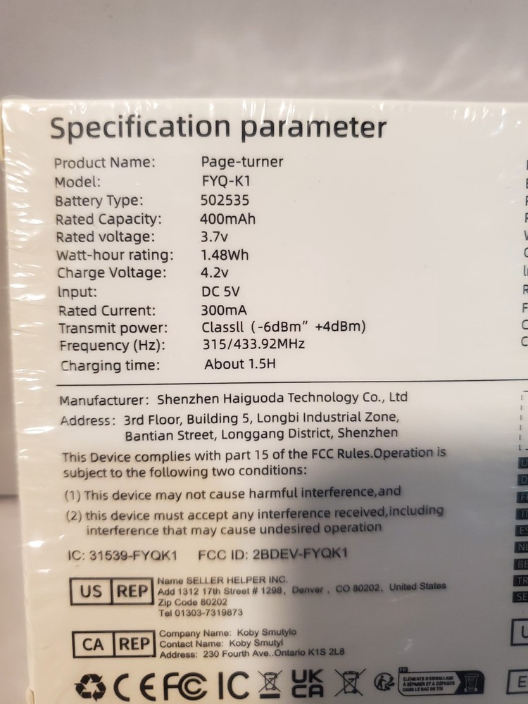 Remote Control Page Turner Works With Any E-reader With A Touch Screen White