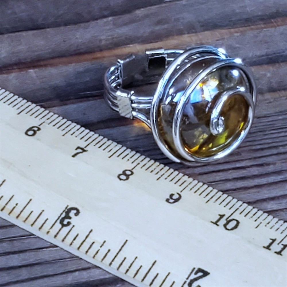 Handcrafted Edgy Translucent Amber Silver Spiral Luster Glass Bauble Ring
