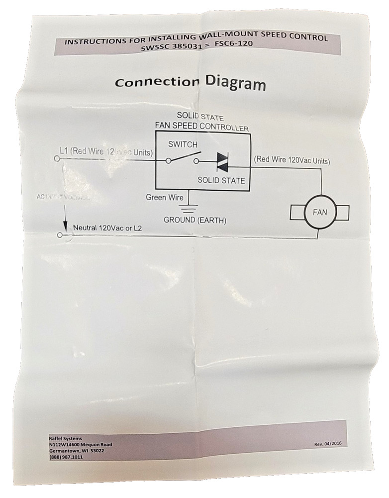Raffel Systems 385031 Wall Mount Solid Mount Fan Speed Control FSC6-120