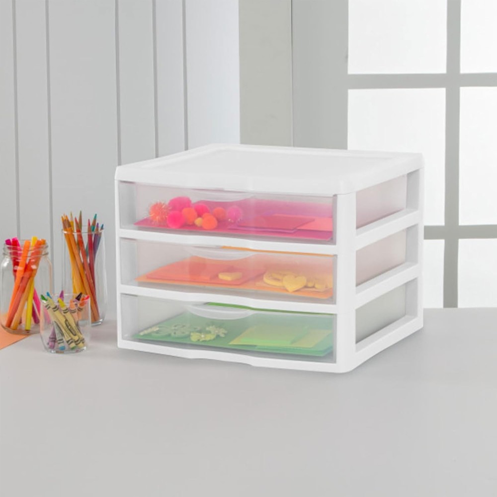 3-Pack Wide 3 Drawer Unit, Plastic Desktop Organizer with Clear Drawers