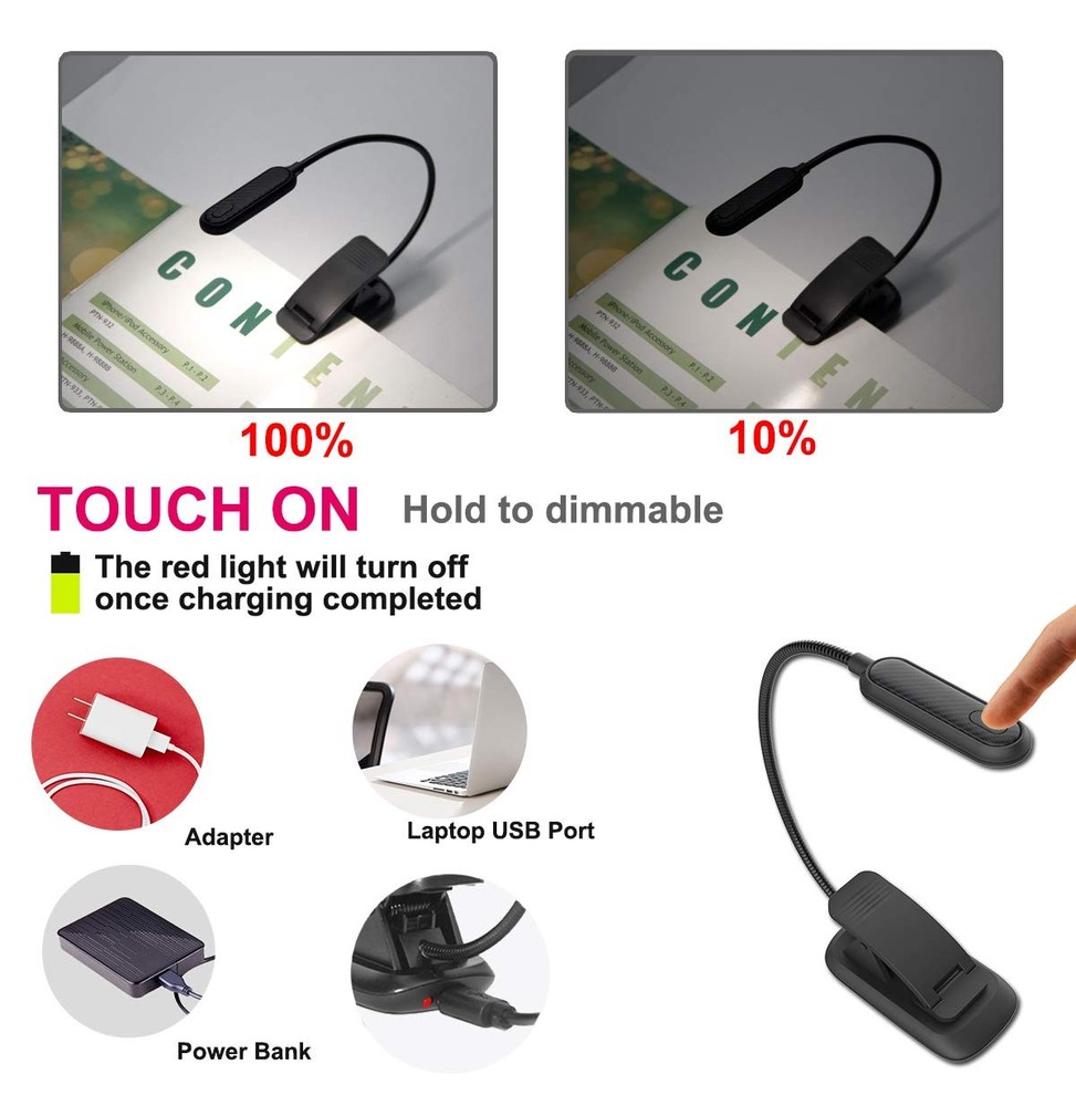 Book Light Rechargeable Clip On Reading Light Dimmable Brightness Reading Lights