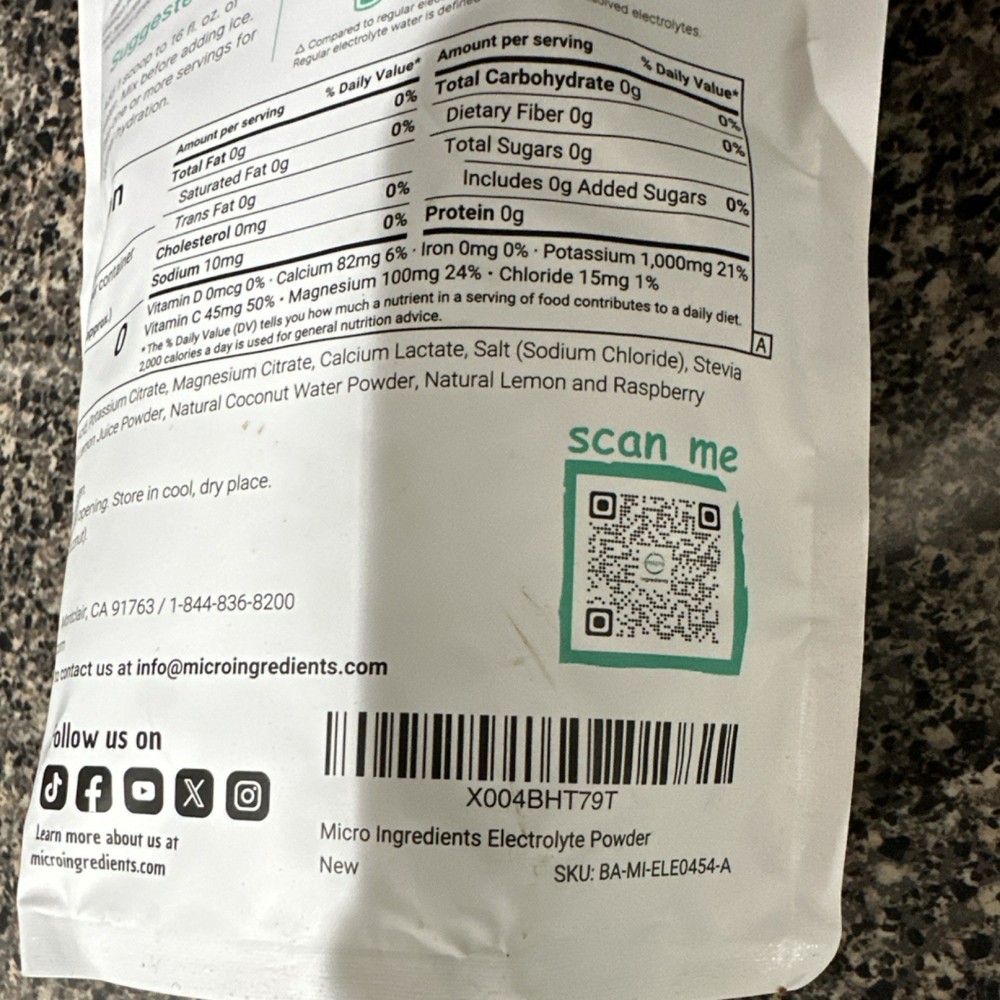 Micro Ingredients Electrolyte Powder Lemon & Raspberry Hydration Sugar-Free 1lb