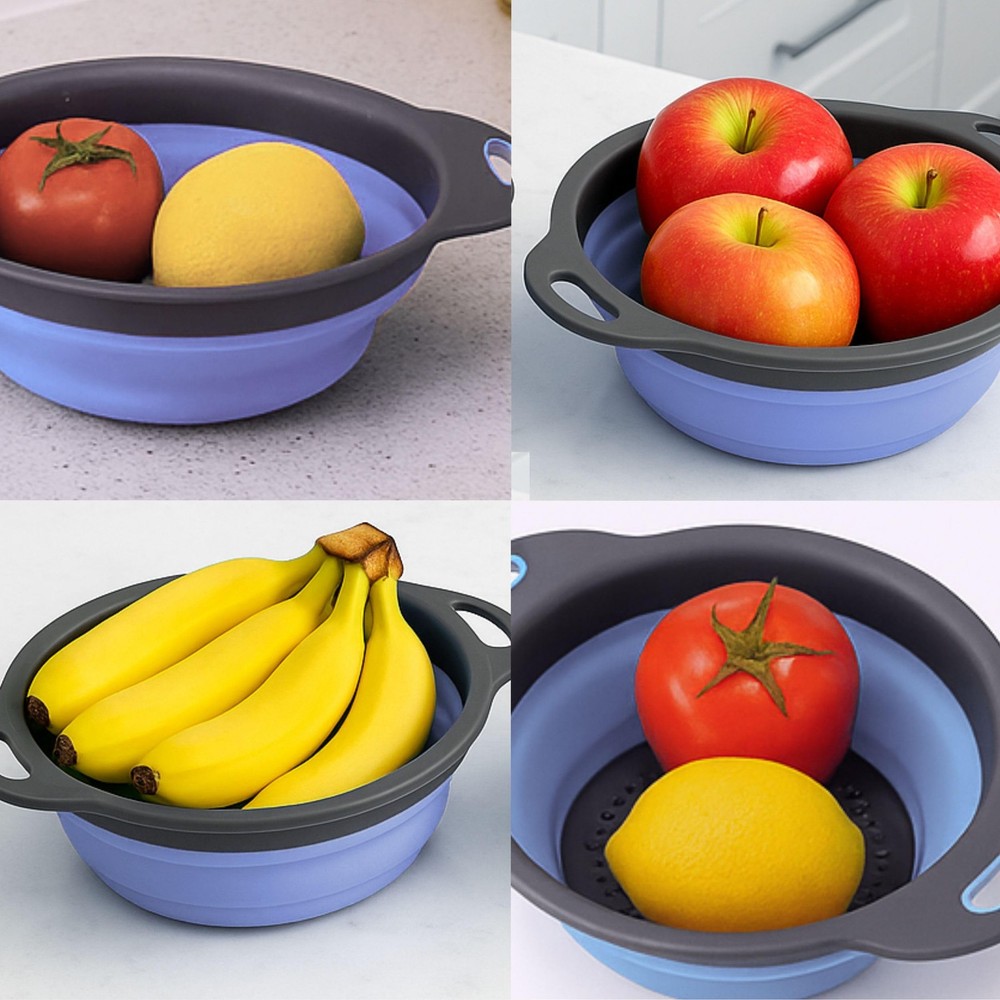 Blue Round Silicone Collapsible Kitchen Colander Plastic Handle Strainer