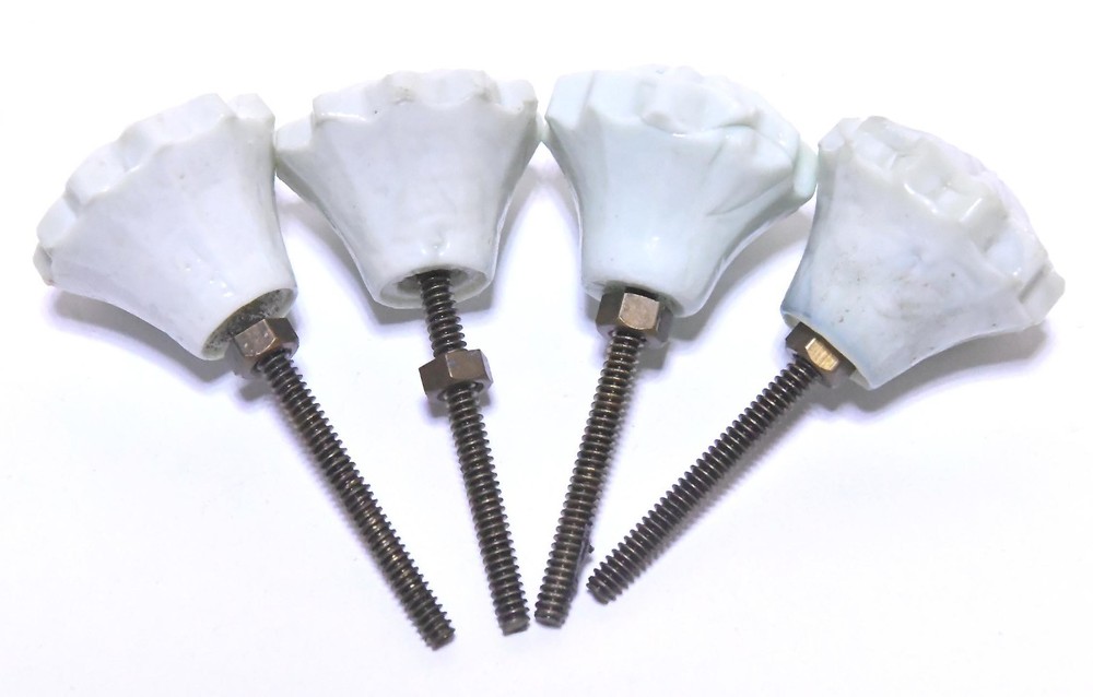 4 VINTAGE WHITE GLASS DRAWER PULLS KNOBS