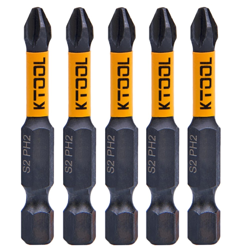 KTOOL Impact Driver Bit Set 5 Pack 2 Inch Phillips Bits #2 Black/Orange