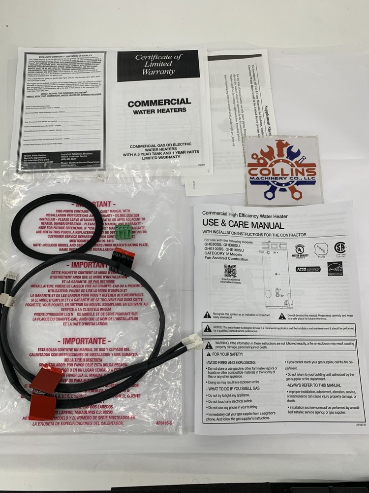 Rheem GHE100SS-250A Commercial Low NOx Gas Water Heater 100-Gal 120V 250,000BtuH