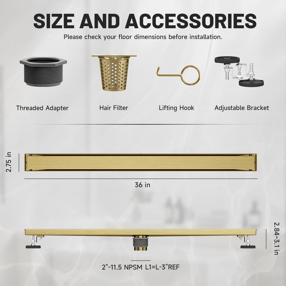Linear Shower Drain, 36 Inch Linear Drain with Tile Insert Grate 304 Stainles...
