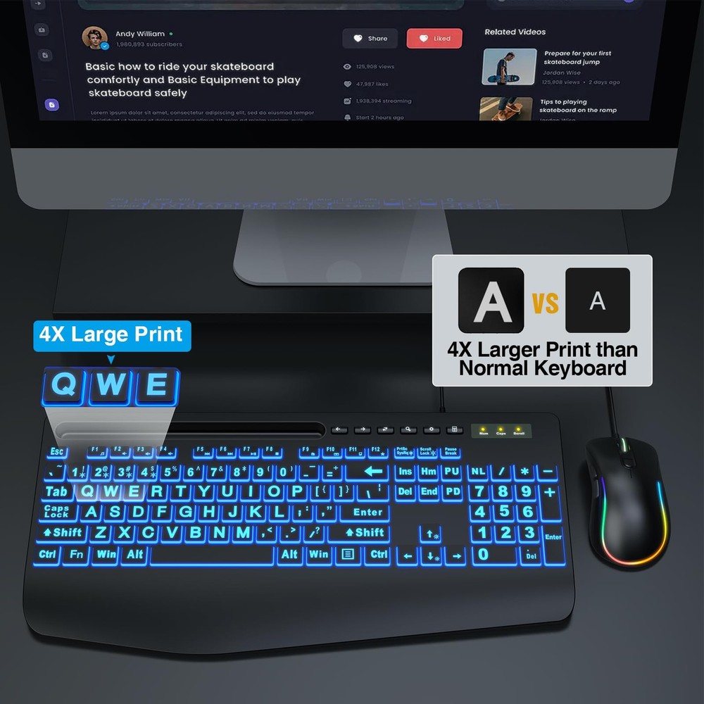 Wired Keyboard Mouse Combo - Large Print Backlit, Ergonomic Wrist Rest, 6 DPI RG