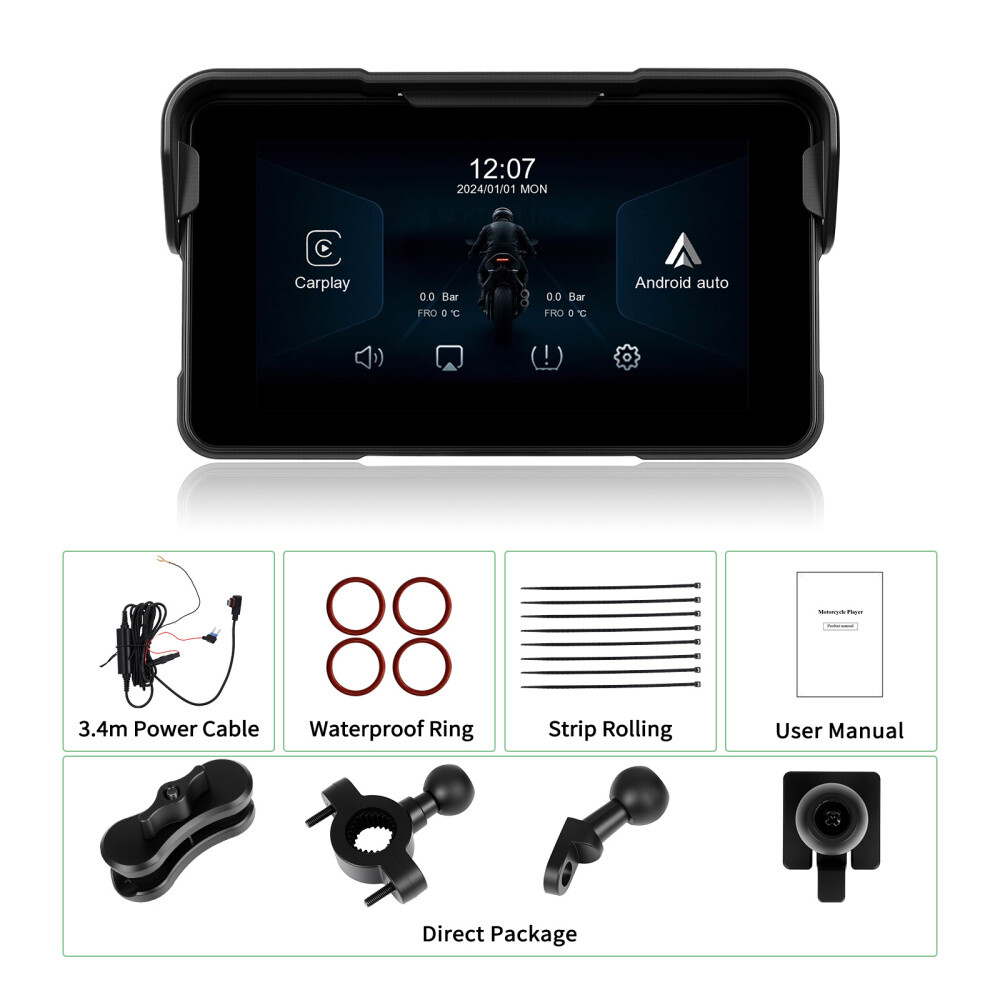 5" Waterproof Motorcycle Navigator Portable Wireless CarPlay Android Auto Screen