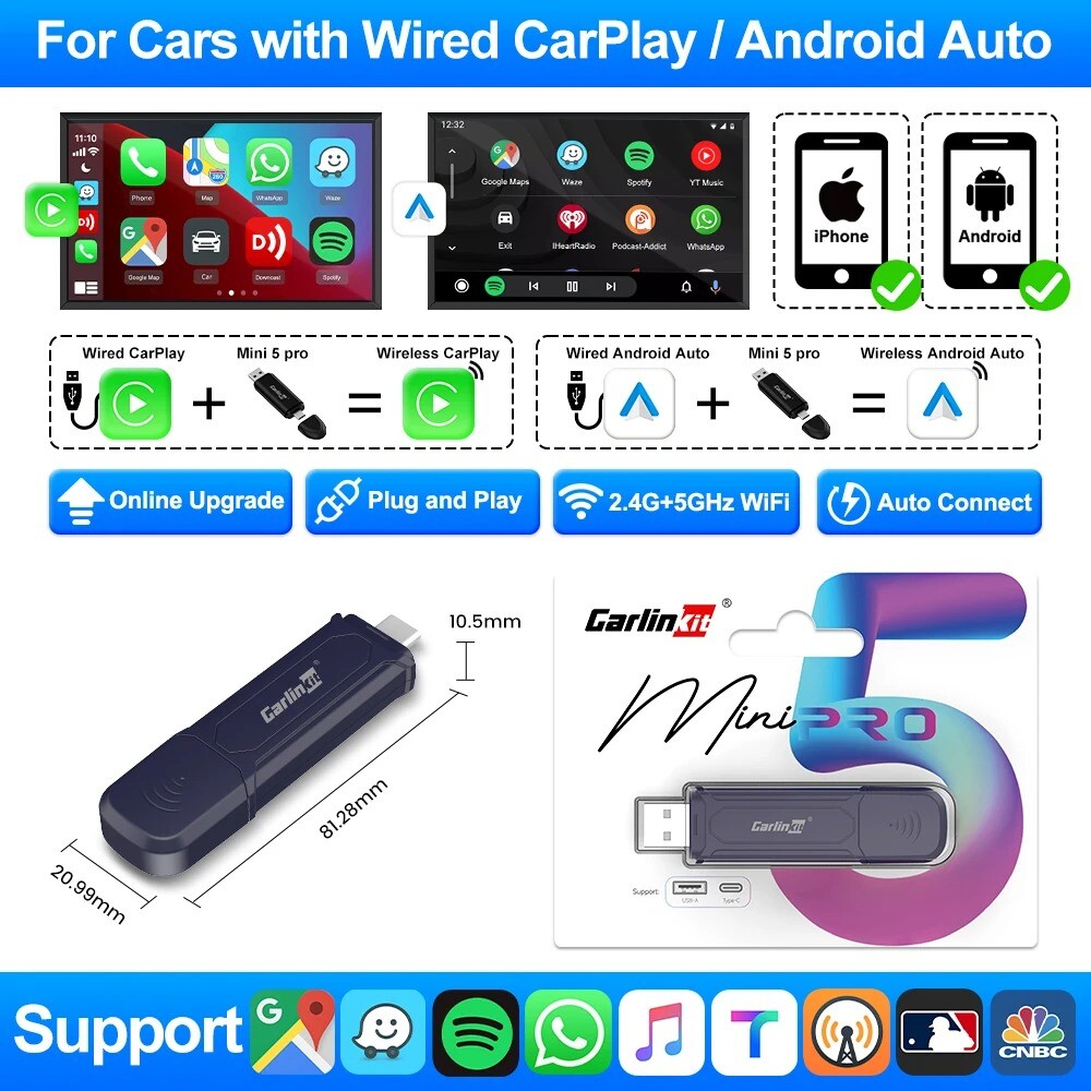 CarlinKit MINI 5.0 Pro 2-in-1 Wireless CarPlay Android Auto Ai Adapter Plug&Play