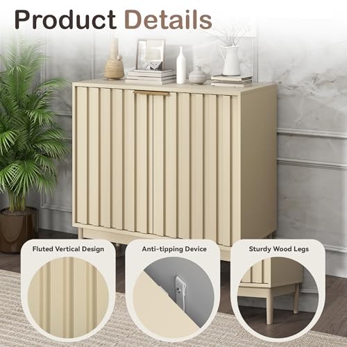 Fluted Sideboard with Storage, Buffet Cabinet Sideboard with 2 Doors Beige