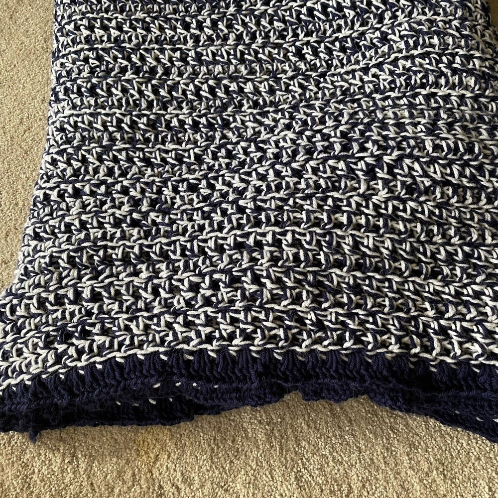 Hand Crocheted Navy And White Afghan Throw Blanket