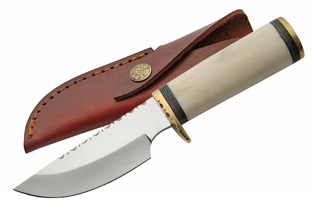 FIXED-BLADE HUNTING KNIFE | 4” Filework Blade White Bone Handle Skinner + Sheath