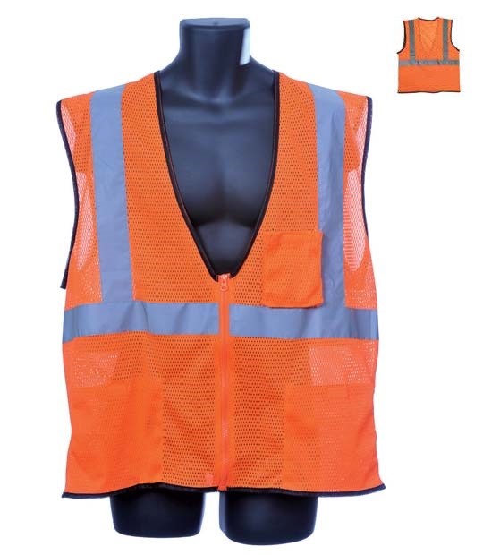 CLASS II VEST ORANGE, 2" SILVER, ZIPPER FRONT, FRONT MESH, BACK MESH