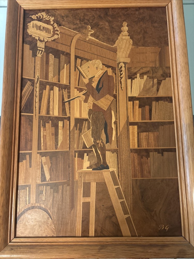 Wood Inlay Panel Art. “ The Bookworm”