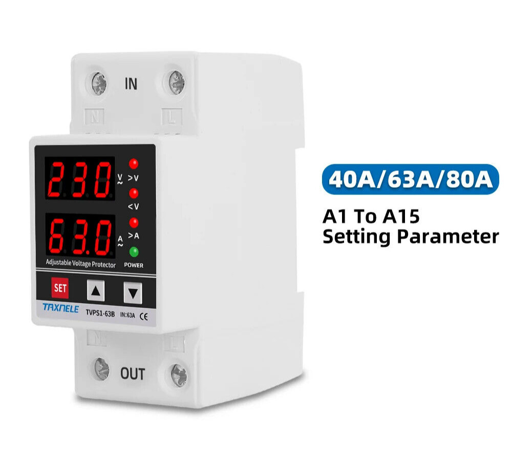 220V 63A Adjustable Voltage Relay Over Under Voltage Protector Wattmeter Meter
