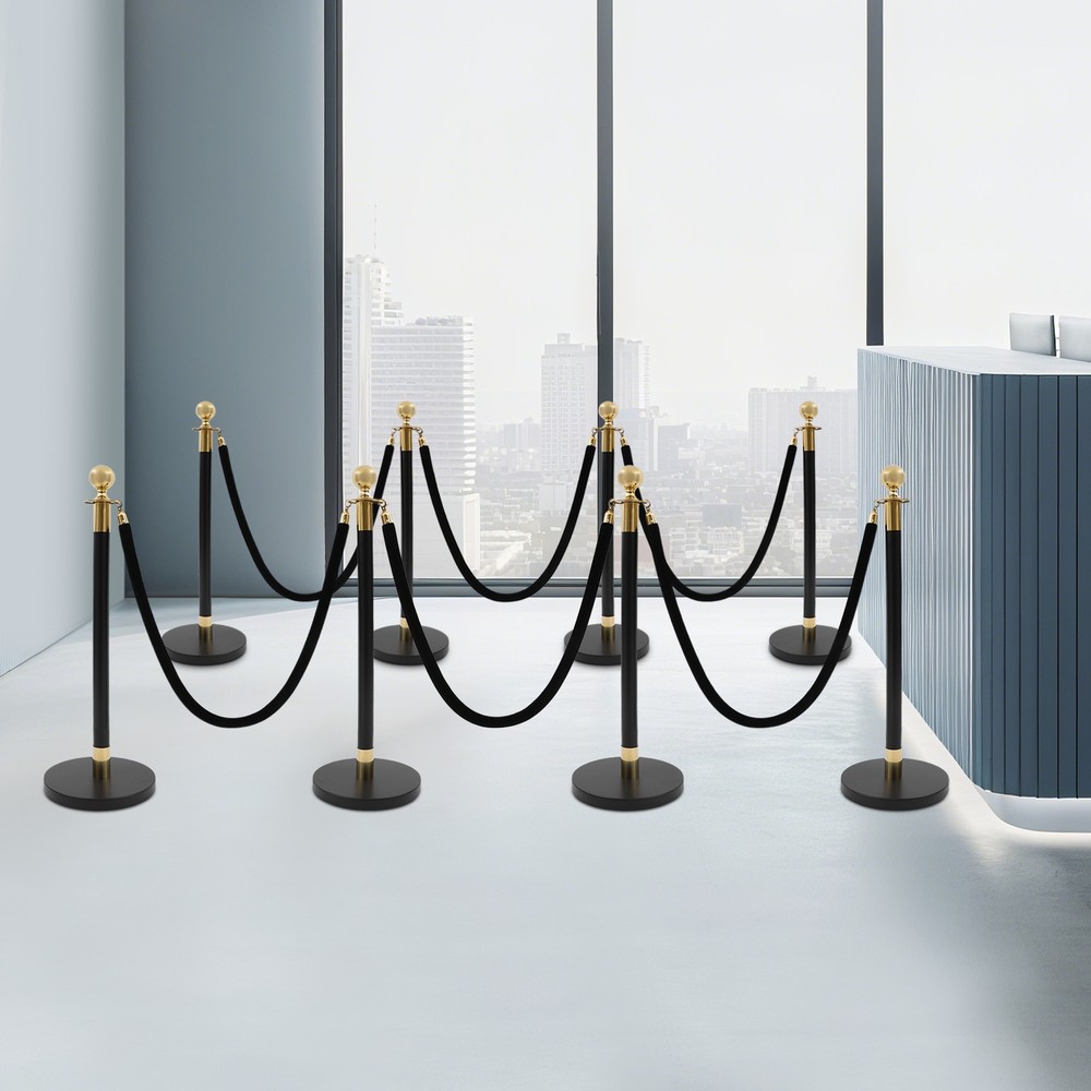 8PCS Black+Gold Stanchion Posts Queue Pole w/ 4 1.5M Ropes Crowd Control Barrier