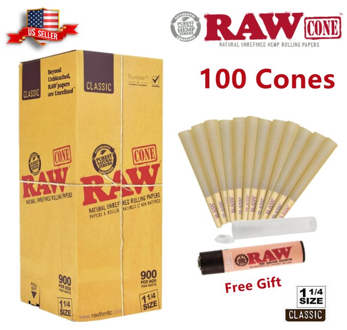 Authentic RAW Classic 1 1/4 Size Pre-Rolled Cone 100 Pack & Free Clipper Lighter