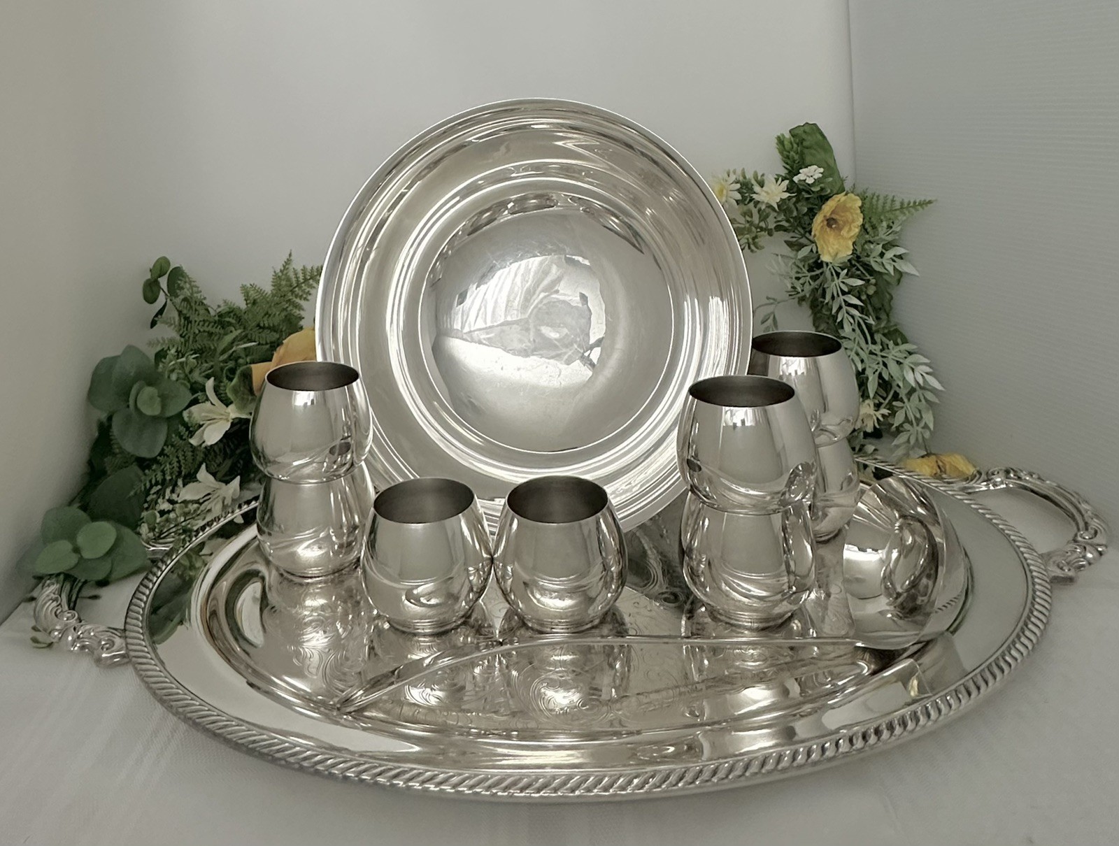 Punch Bowl Silver Plated Set Tray, Cups, Bowl, Ladle Vintage Drinkware - 14 pc
