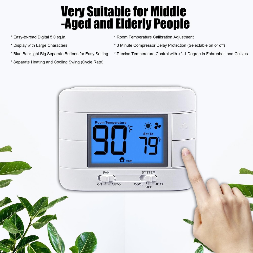 Non Programmable Thermostat for Home - Single Stage 1H/1C, Blue Backlight